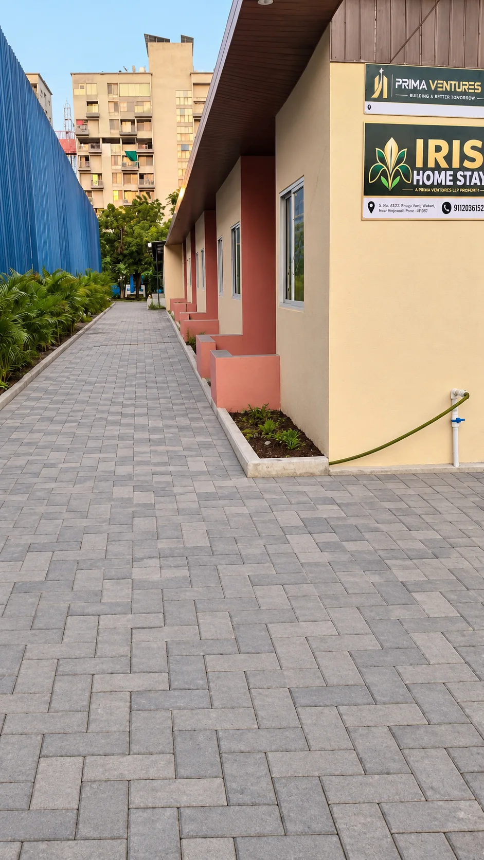 Exterior visualisation showing an illustrated paved pathway and landscaping