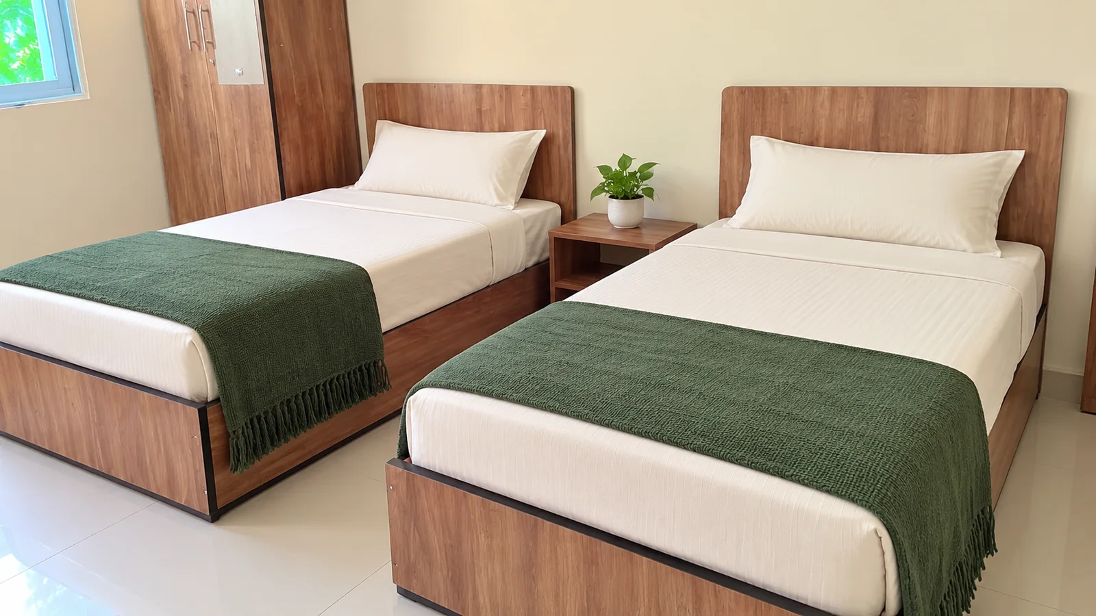 Furnished twin-room visualisation showing bedding and bedside styling